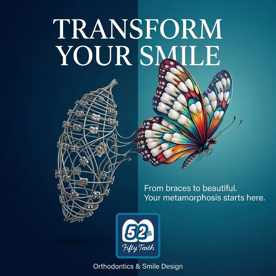 Wire cocoon turning into a colourful butterfly, headline Transform your smile