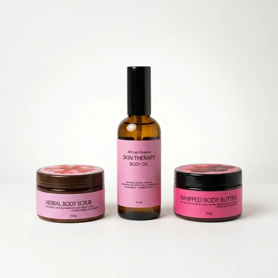 African Greens hibiscus body scrub and peach cream bottle on white