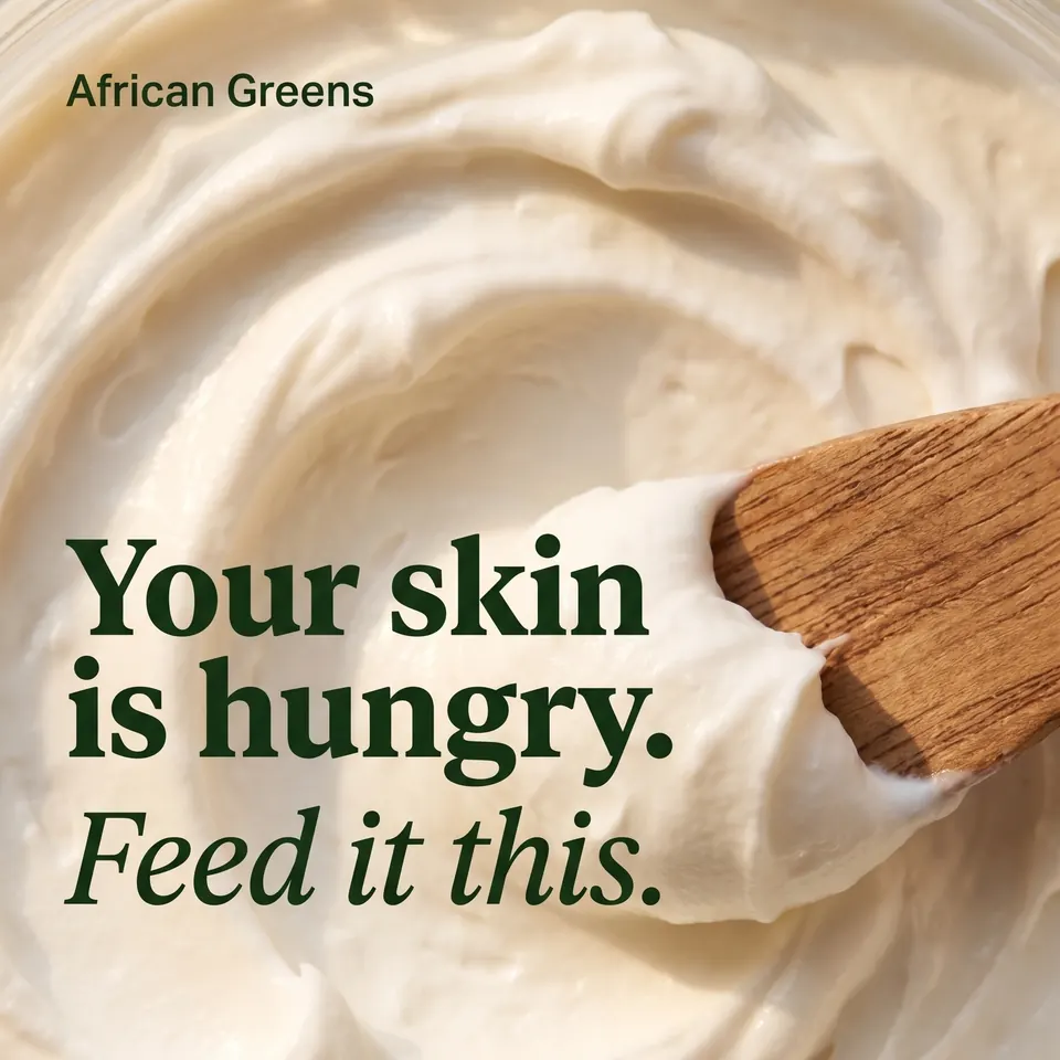 Macro of whipped body butter on a wooden spatula, headline Your skin is hungry