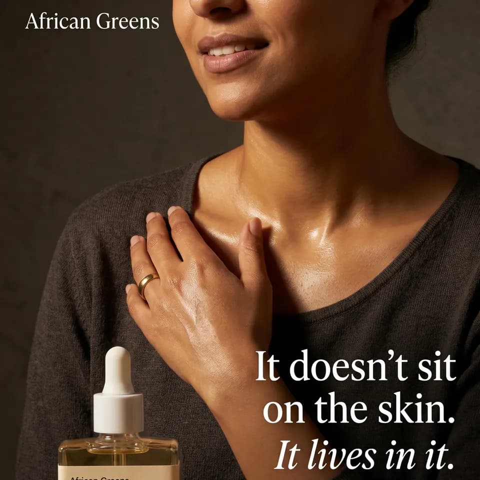 Woman in a dark knit with African Greens Caramel Oud oil, headline It does not sit on the skin