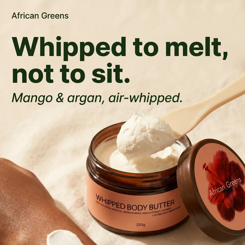 African Greens whipped body butter jar with a swatch on an arm, headline Whipped to melt, not to sit