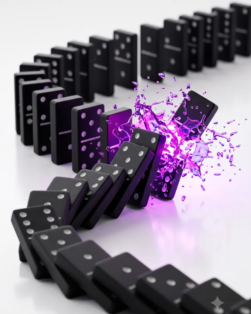 Black dominoes falling into a burst of magenta particles