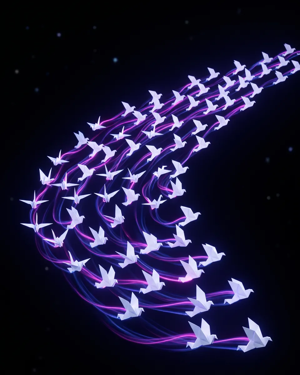 Flock of glowing white birds forming a curve on black