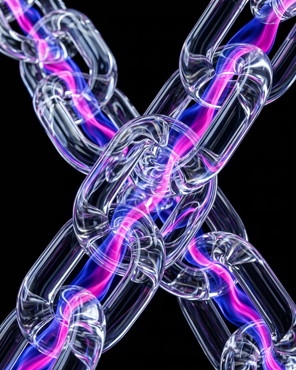 Crossed glass chains with magenta and violet light inside