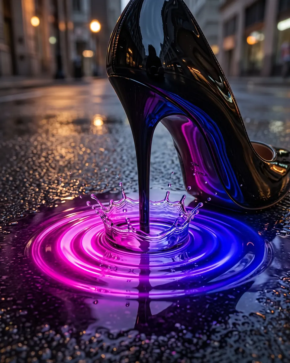 Black stiletto stepping into a glowing magenta ripple on a wet street