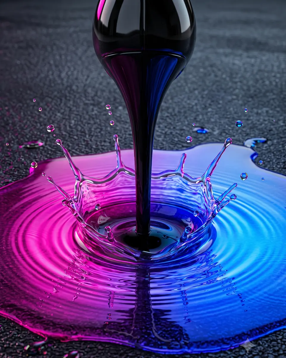 Black ink pouring into a magenta and blue pool