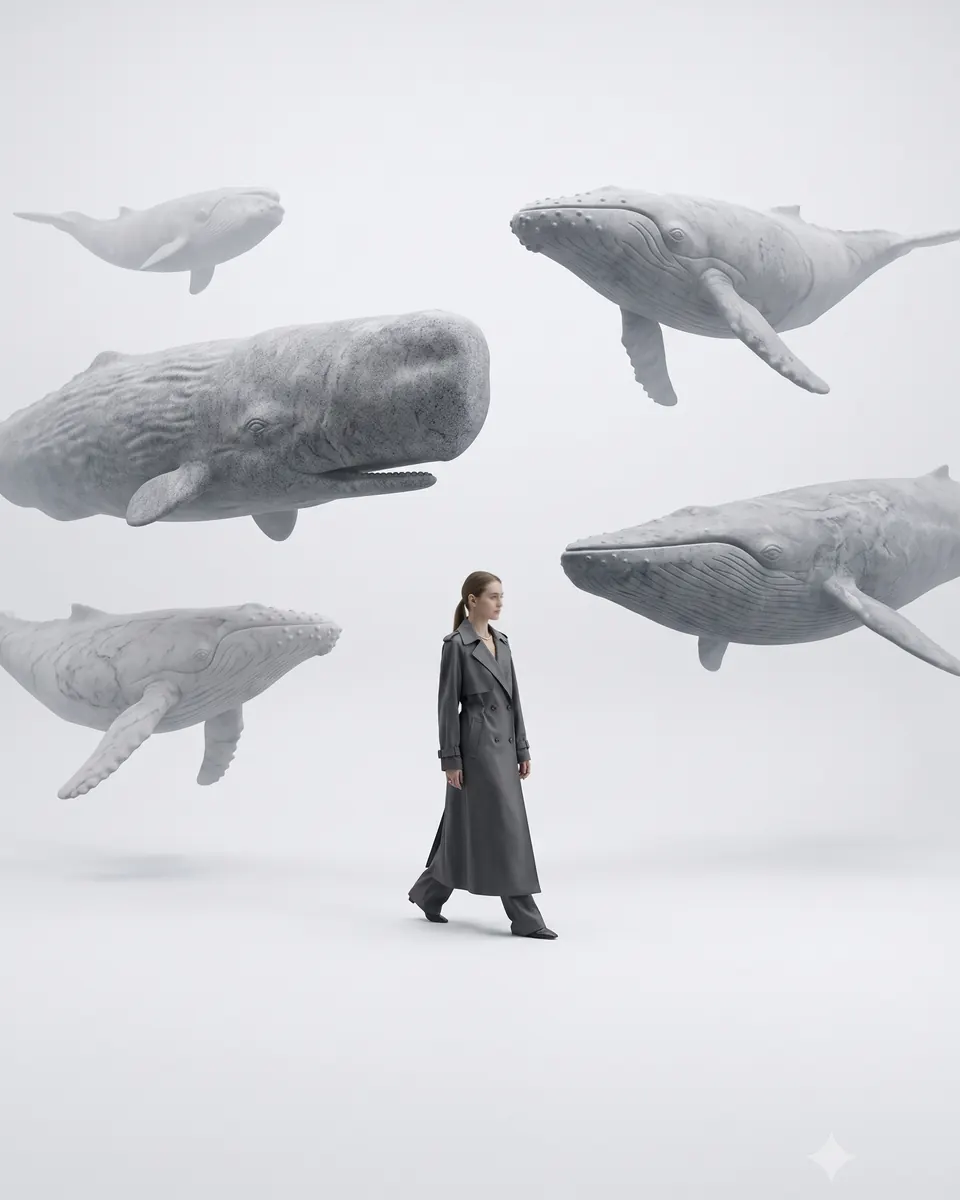 Woman walking among floating white whales in white fog