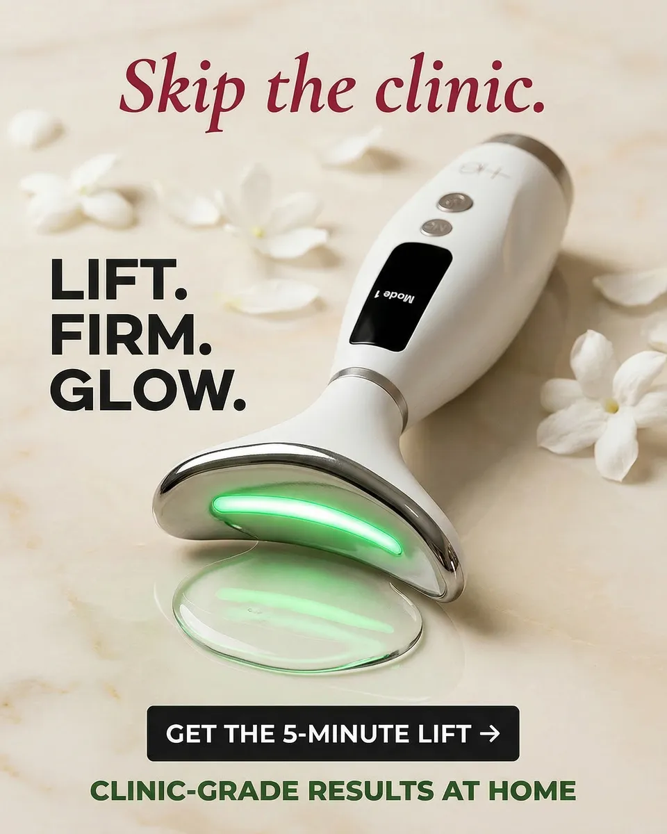White HG face and neck device with a green light on cream fabric, headline Skip the clinic