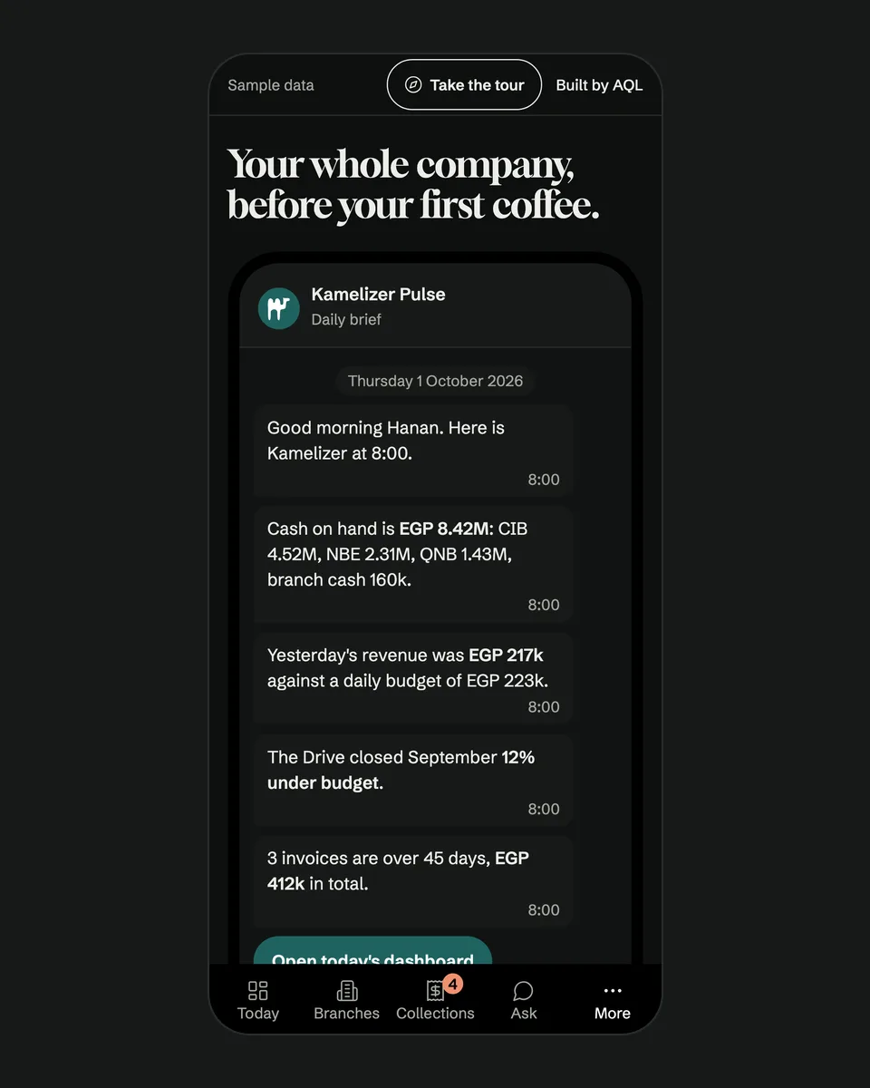 Kamelizer Pulse daily brief on a phone: cash, revenue and overdue invoices as chat messages