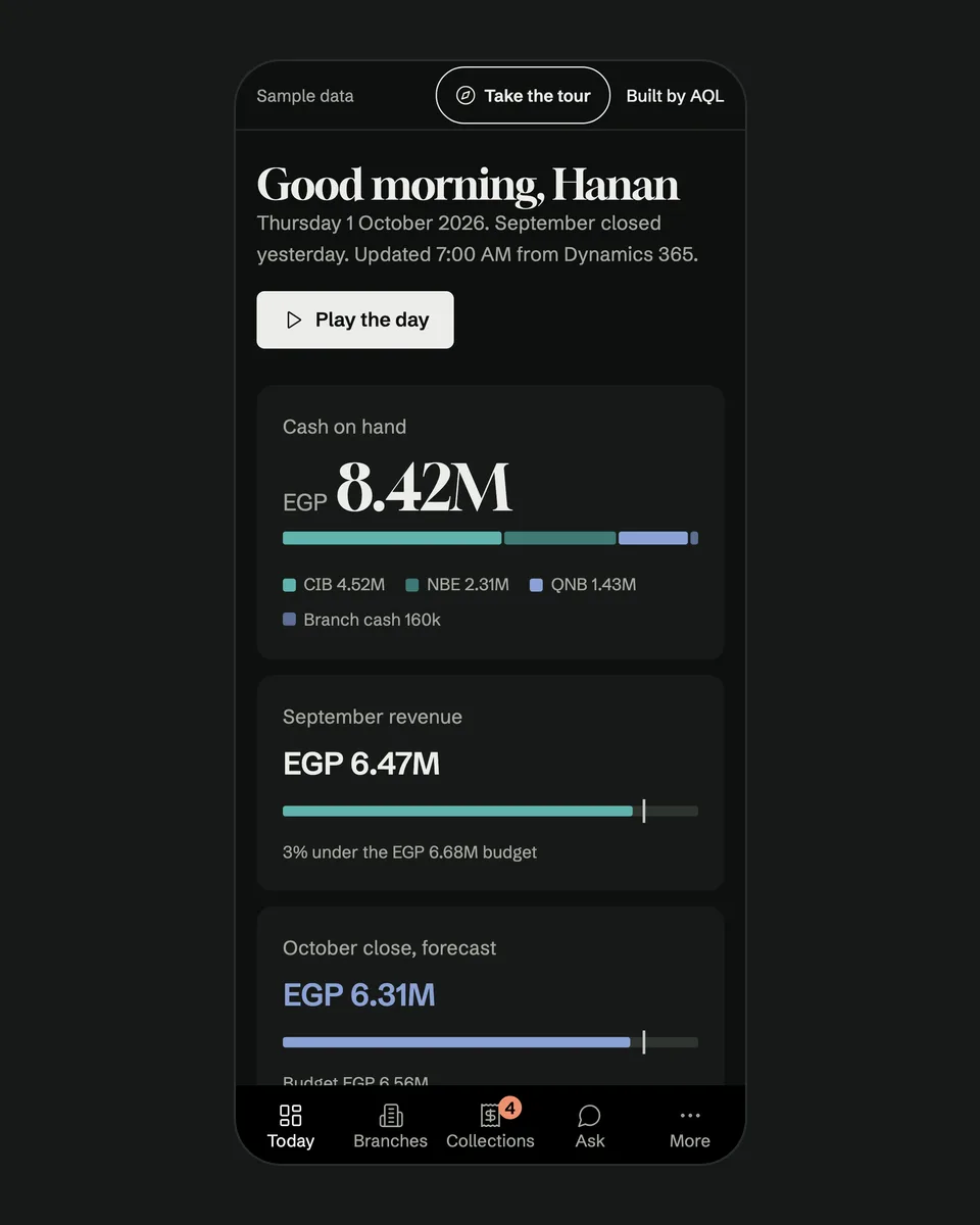 Kamelizer Pulse today view on a phone with cash on hand and revenue against budget