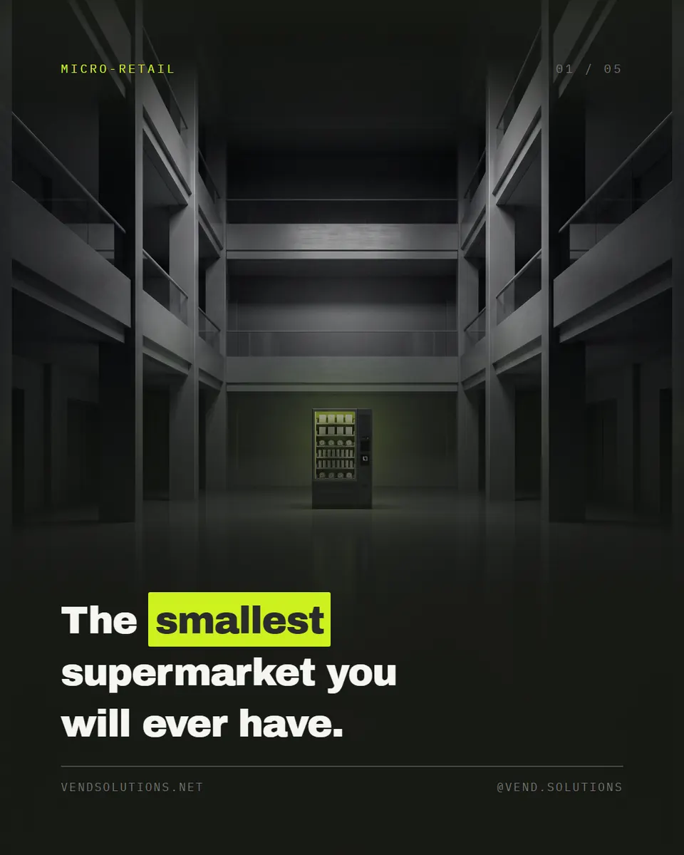 A single vending machine in an empty warehouse, headline The smallest supermarket you will ever have