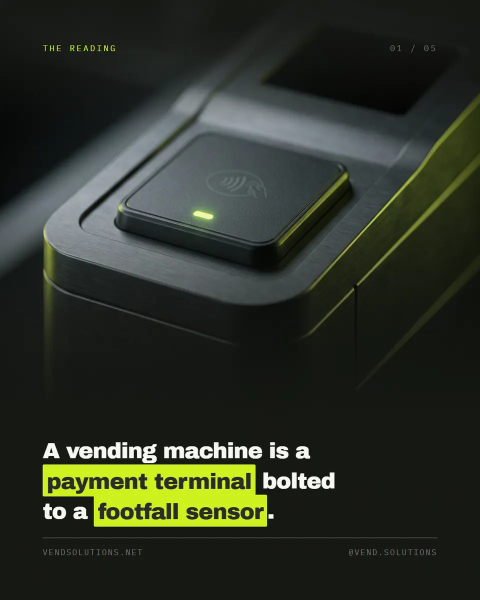 Close-up of a payment terminal glowing lime on a vending machine