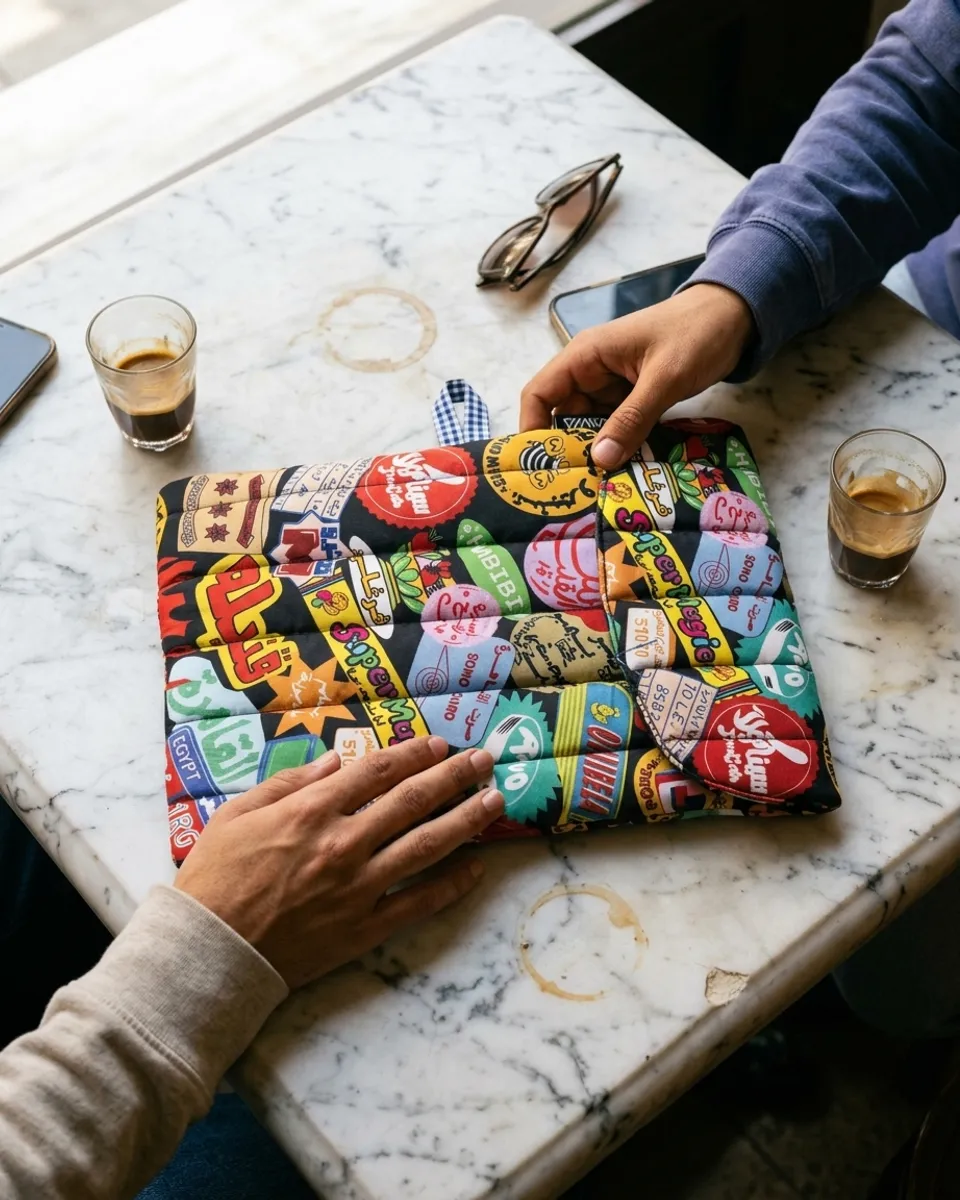 Hands opening an illustrated YAWZA laptop sleeve on a marble cafe table
